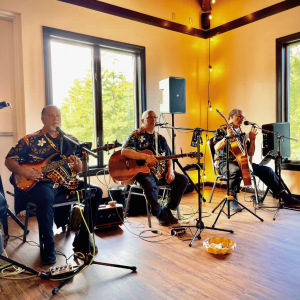 a trio playing hawaiian music indoors